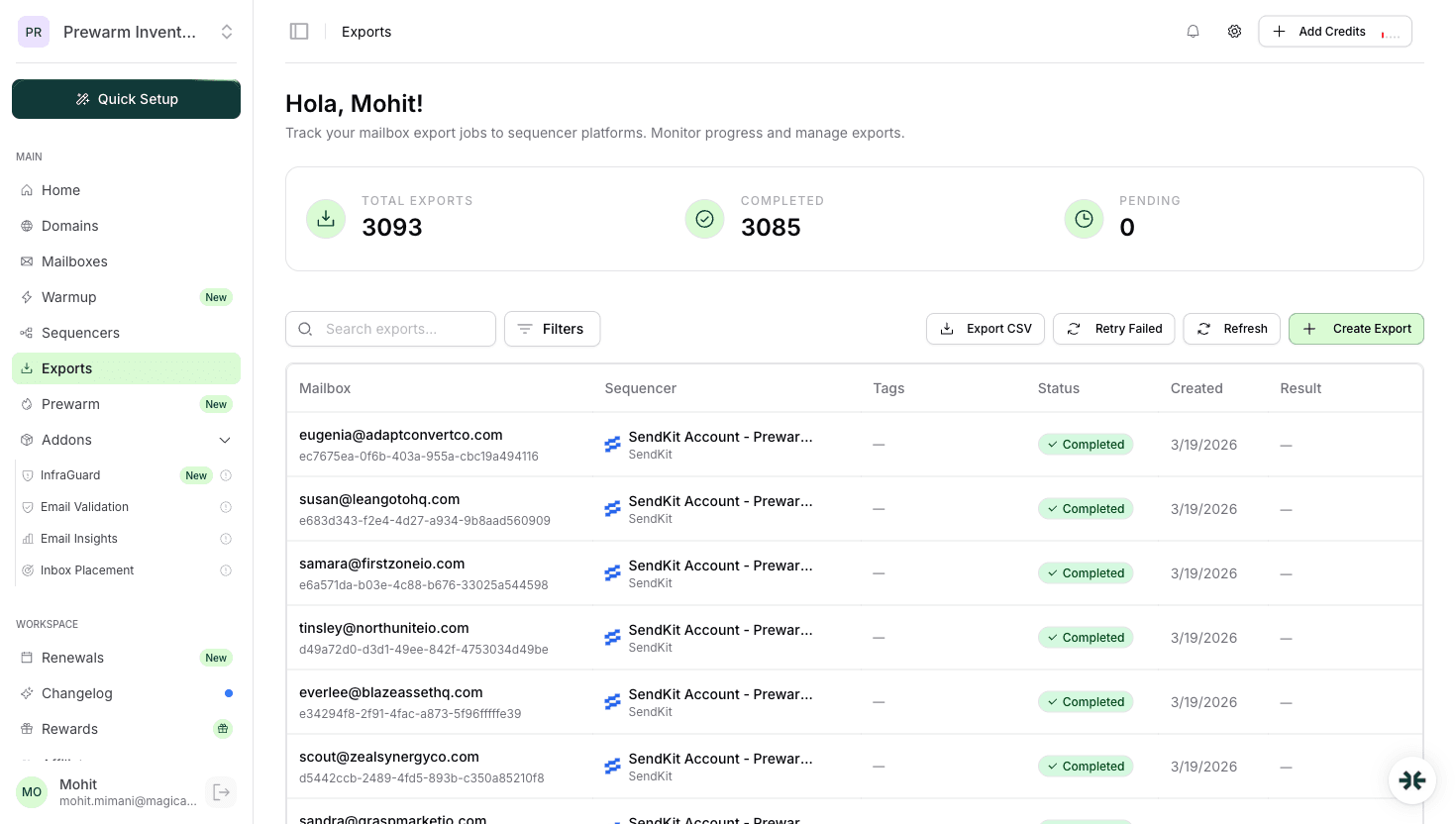 InboxKit exports history to Smartlead